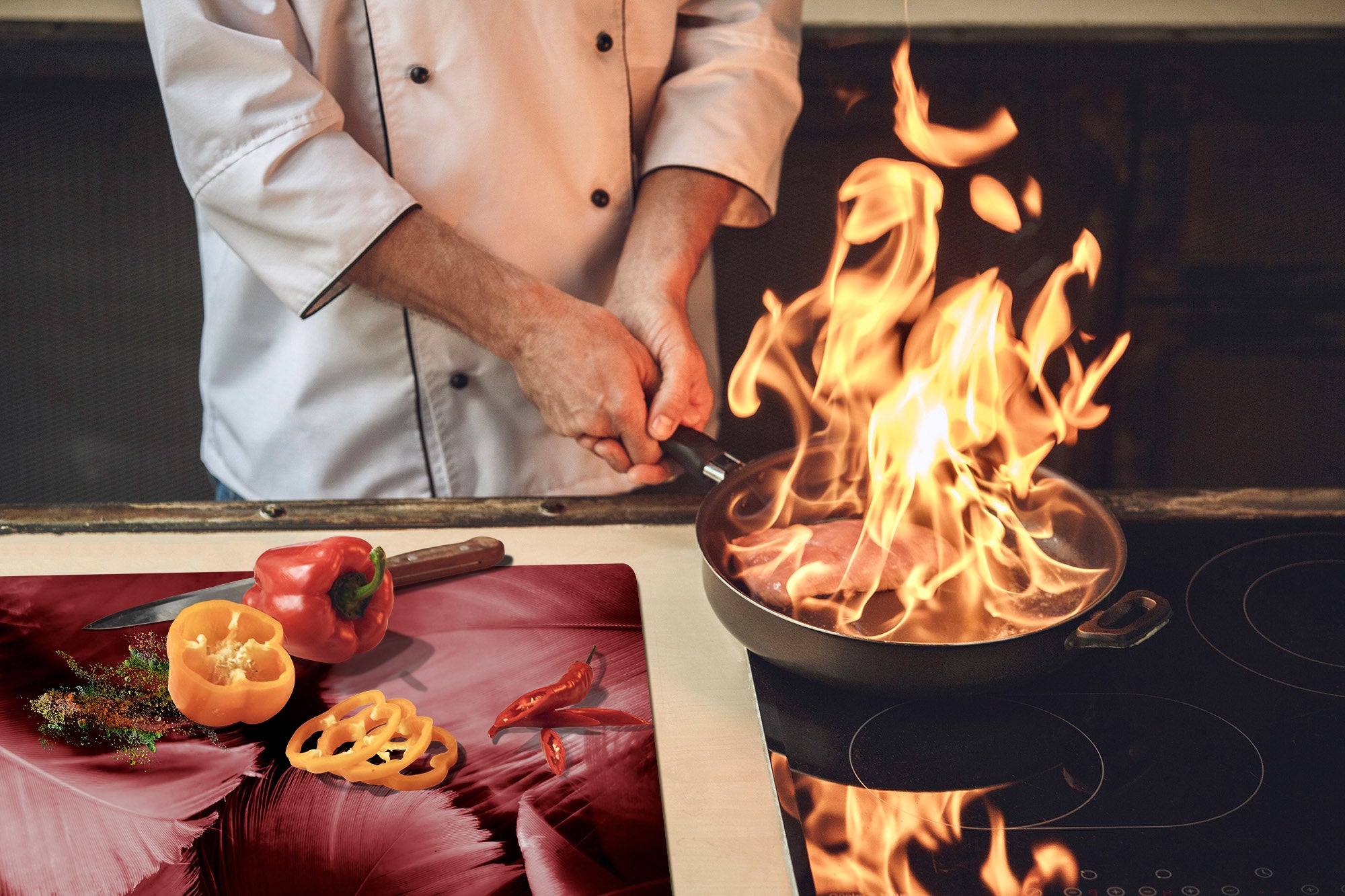 HUGE TEMPERED GLASS COOKTOP COVER – Glass Cutting Board and Worktop Saver – SINGLE: 80 x 52 cm (31,5” x 20,47”); DOUBLE: 40 x 52 cm (15,75” x 20,47”); DD46 Textures Series : White and red feathers