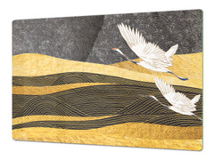 ENORMOUS  Tempered GLASS Chopping Board - Induction Cooktop Cover – SINGLE: 80 x 52 cm; DOUBLE: 40 x 52 cm; DD53 : Japanese Crane Birds