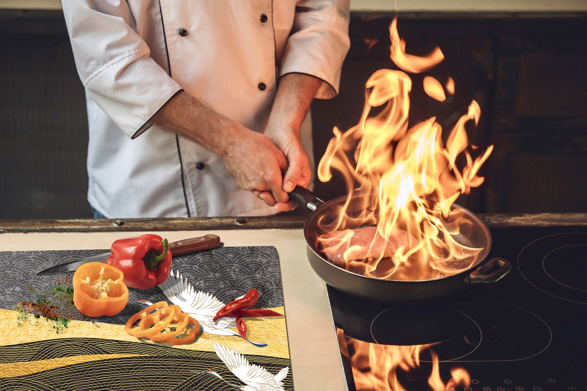 ENORMOUS  Tempered GLASS Chopping Board - Induction Cooktop Cover – SINGLE: 80 x 52 cm; DOUBLE: 40 x 52 cm; DD53 : Japanese Crane Birds