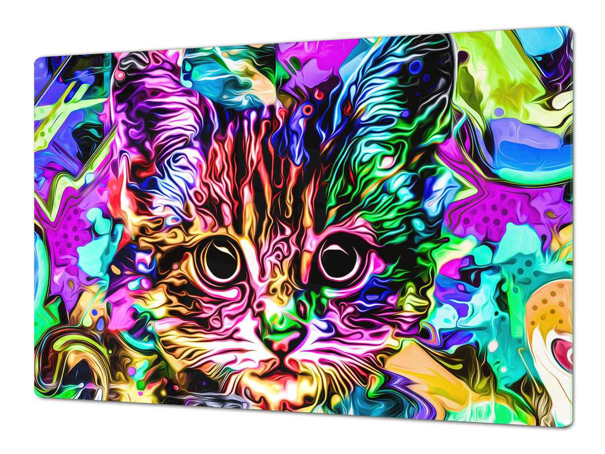 BIG KITCHEN BOARD & Induction Cooktop Cover – Glass Pastry Board – SINGLE: 80 x 52 cm (31,5” x 20,47”); DOUBLE: 40 x 52 cm (15,75” x 20,47”); DD47 Animals Series : Colourful cat