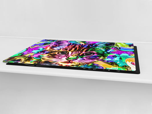 BIG KITCHEN BOARD & Induction Cooktop Cover – Glass Pastry Board – SINGLE: 80 x 52 cm (31,5” x 20,47”); DOUBLE: 40 x 52 cm (15,75” x 20,47”); DD47 Animals Series : Colourful cat