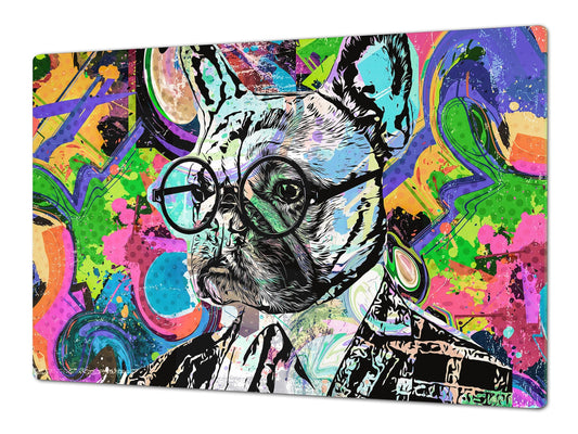 BIG KITCHEN BOARD & Induction Cooktop Cover – Glass Pastry Board – SINGLE: 80 x 52 cm (31,5” x 20,47”); DOUBLE: 40 x 52 cm (15,75” x 20,47”); DD47 Animals Series : Colourful bulldog