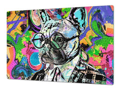 BIG KITCHEN BOARD & Induction Cooktop Cover – Glass Pastry Board – SINGLE: 80 x 52 cm (31,5” x 20,47”); DOUBLE: 40 x 52 cm (15,75” x 20,47”); DD47 Animals Series : Colourful bulldog