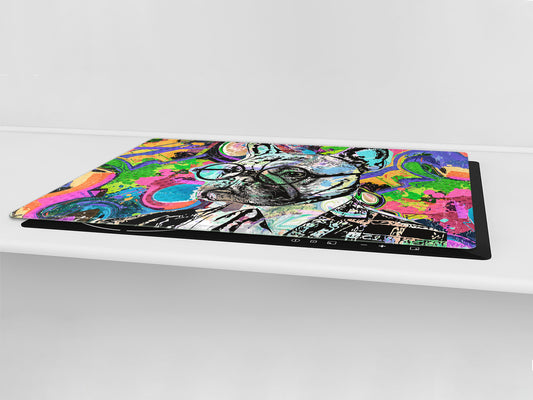 BIG KITCHEN BOARD & Induction Cooktop Cover – Glass Pastry Board – SINGLE: 80 x 52 cm (31,5” x 20,47”); DOUBLE: 40 x 52 cm (15,75” x 20,47”); DD47 Animals Series : Colourful bulldog