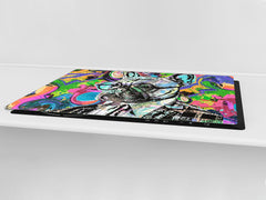 BIG KITCHEN BOARD & Induction Cooktop Cover – Glass Pastry Board – SINGLE: 80 x 52 cm (31,5” x 20,47”); DOUBLE: 40 x 52 cm (15,75” x 20,47”); DD47 Animals Series : Colourful bulldog