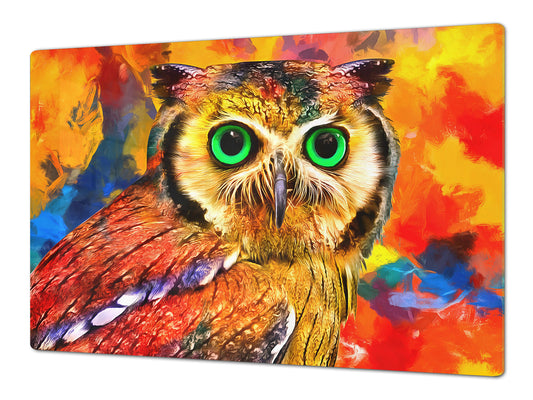 BIG KITCHEN BOARD & Induction Cooktop Cover – Glass Pastry Board – SINGLE: 80 x 52 cm (31,5” x 20,47”); DOUBLE: 40 x 52 cm (15,75” x 20,47”); DD47 Animals Series : Colourful owl