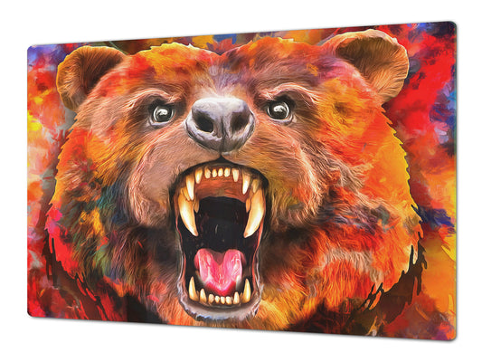 BIG KITCHEN BOARD & Induction Cooktop Cover – Glass Pastry Board – SINGLE: 80 x 52 cm (31,5” x 20,47”); DOUBLE: 40 x 52 cm (15,75” x 20,47”); DD47 Animals Series : Colourful bear