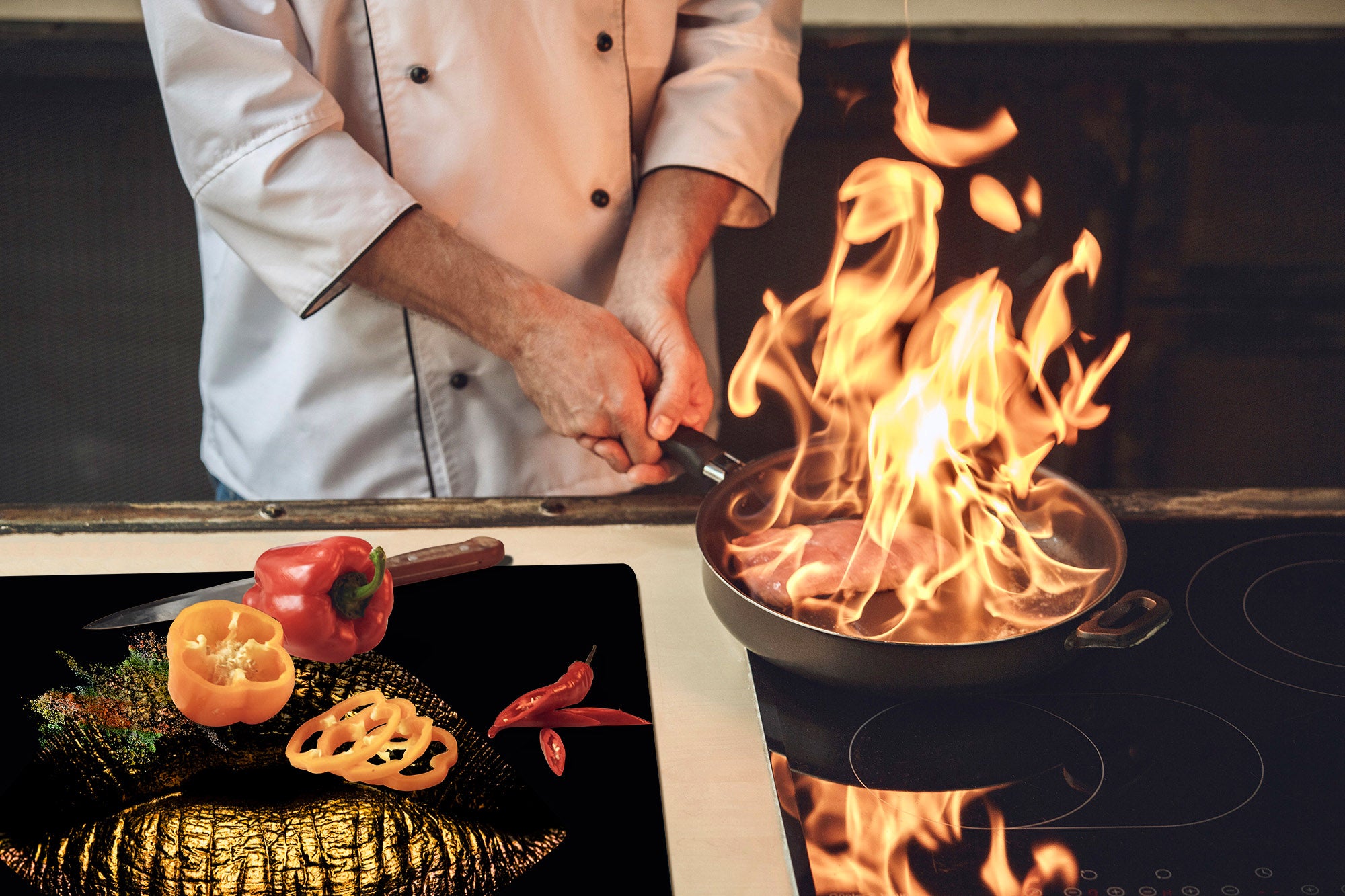 ENORMOUS  Tempered GLASS Chopping Board - Induction Cooktop Cover – SINGLE: 80 x 52 cm; DOUBLE: 40 x 52 cm; DD51 : Golden Gloss