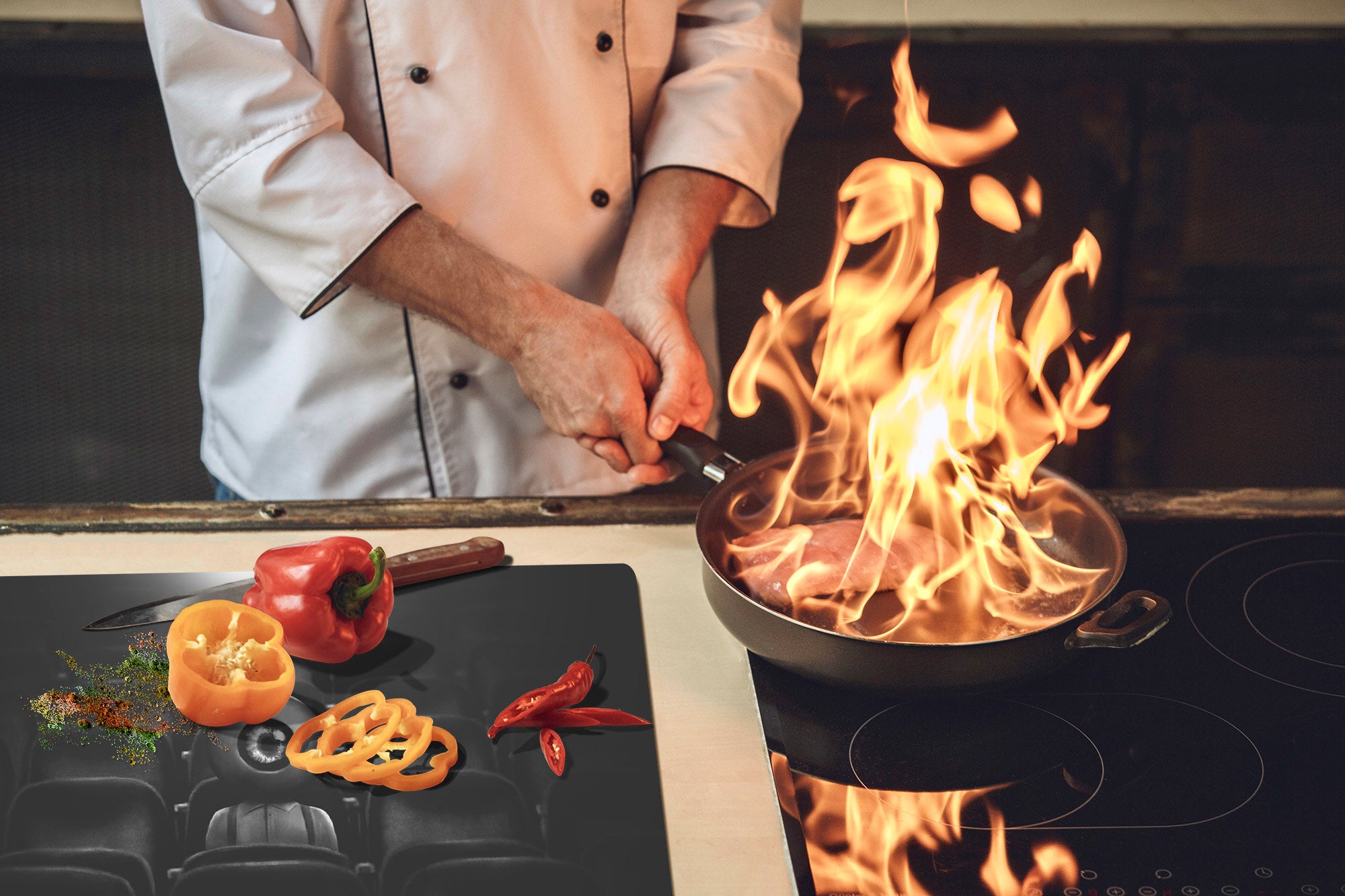 ENORMOUS  Tempered GLASS Chopping Board - Induction Cooktop Cover – SINGLE: 80 x 52 cm; DOUBLE: 40 x 52 cm; DD51 : Surreal Eye in the Audience