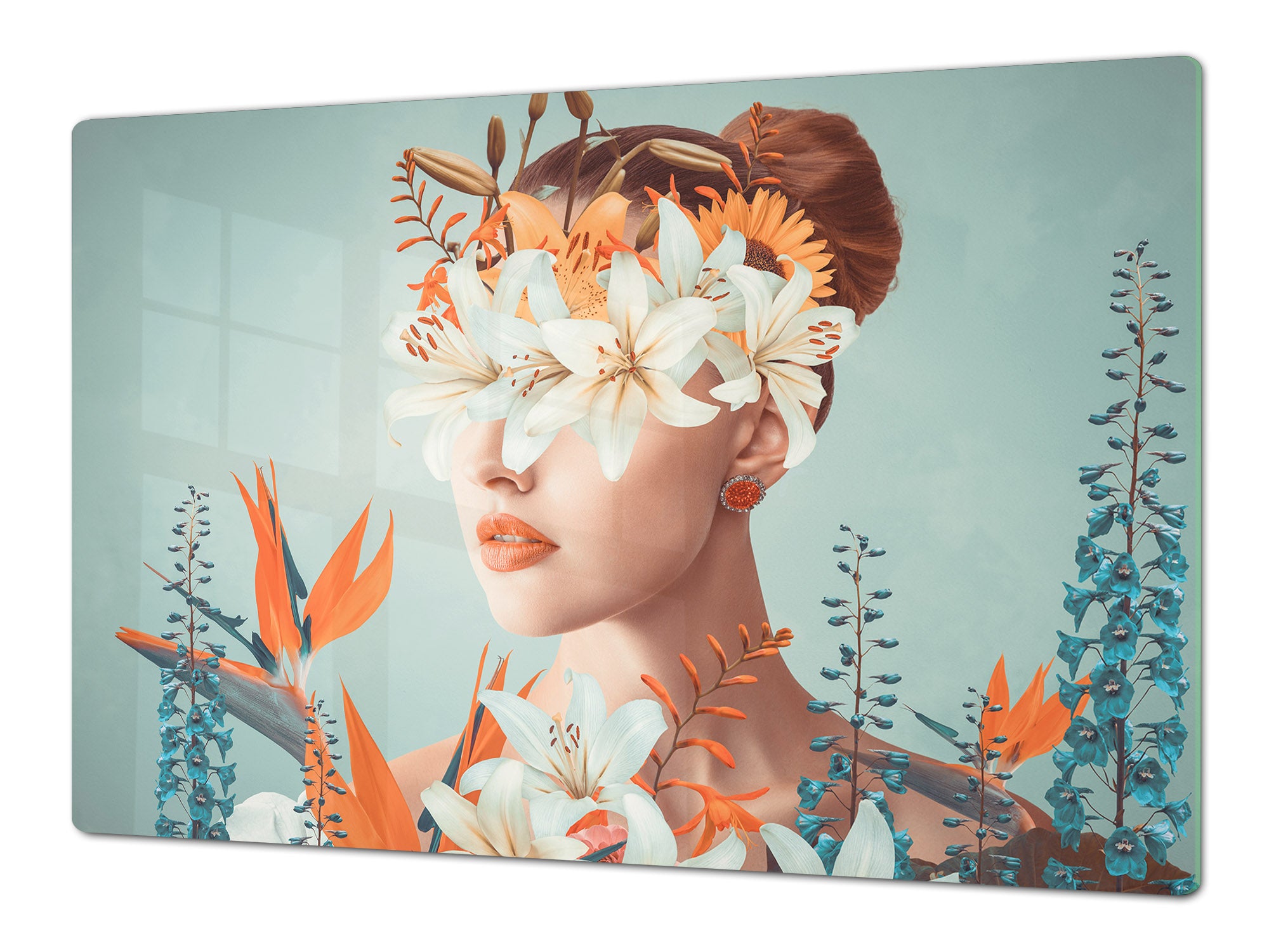 ENORMOUS  Tempered GLASS Chopping Board - Induction Cooktop Cover – SINGLE: 80 x 52 cm; DOUBLE: 40 x 52 cm; DD52a : Blooming Lady