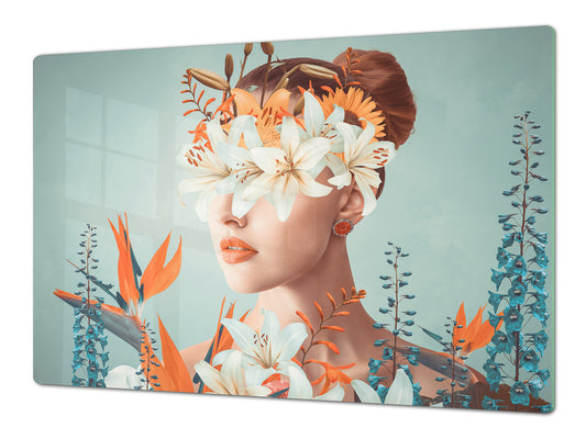 ENORMOUS  Tempered GLASS Chopping Board - Induction Cooktop Cover – SINGLE: 80 x 52 cm; DOUBLE: 40 x 52 cm; DD52a : Blooming Lady