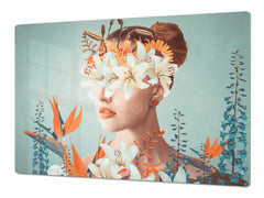 ENORMOUS  Tempered GLASS Chopping Board - Induction Cooktop Cover – SINGLE: 80 x 52 cm; DOUBLE: 40 x 52 cm; DD52a : Blooming Lady