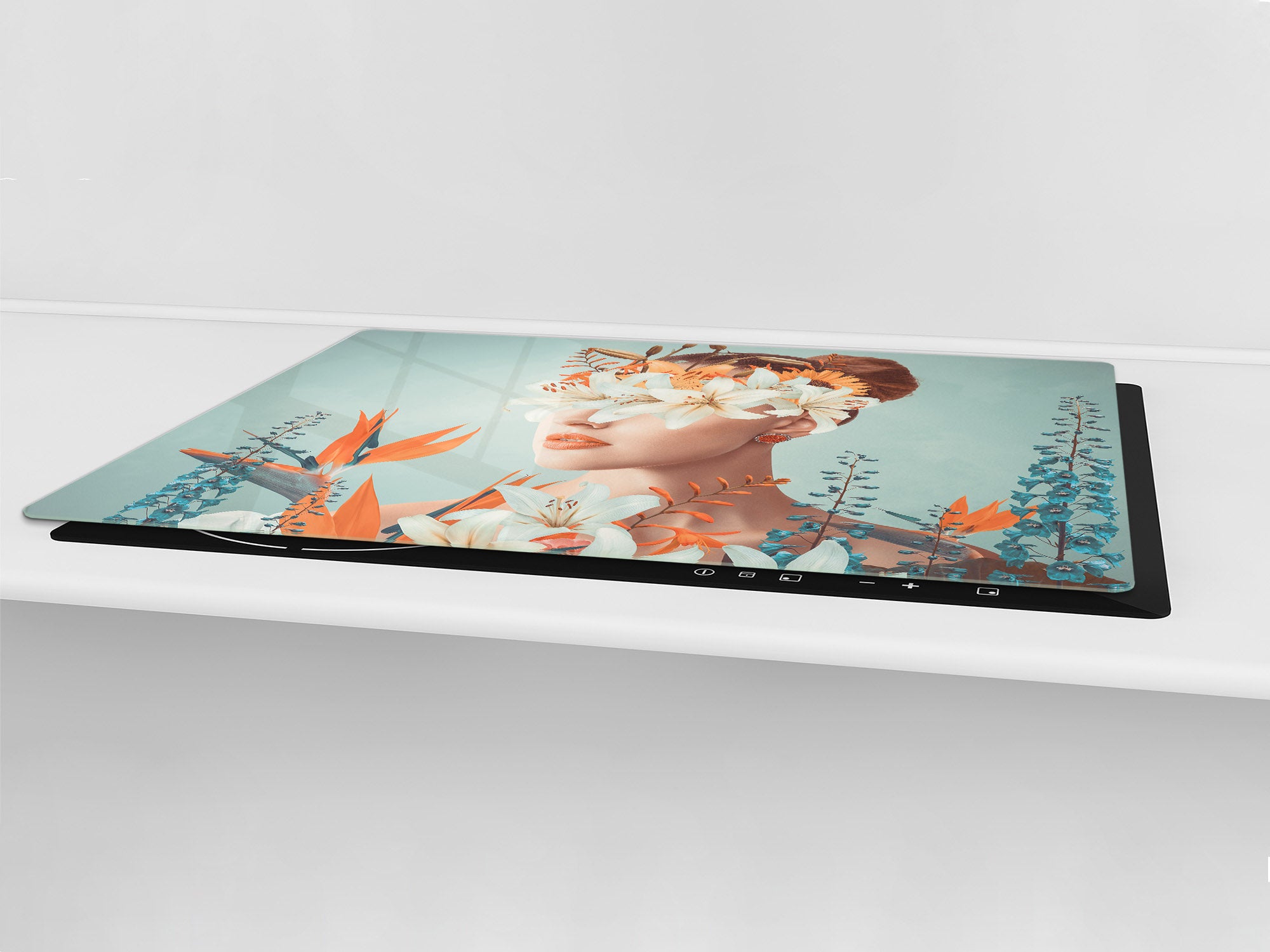ENORMOUS  Tempered GLASS Chopping Board - Induction Cooktop Cover – SINGLE: 80 x 52 cm; DOUBLE: 40 x 52 cm; DD52a : Blooming Lady