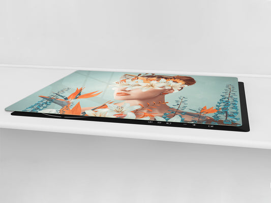 ENORMOUS  Tempered GLASS Chopping Board - Induction Cooktop Cover – SINGLE: 80 x 52 cm; DOUBLE: 40 x 52 cm; DD52a : Blooming Lady
