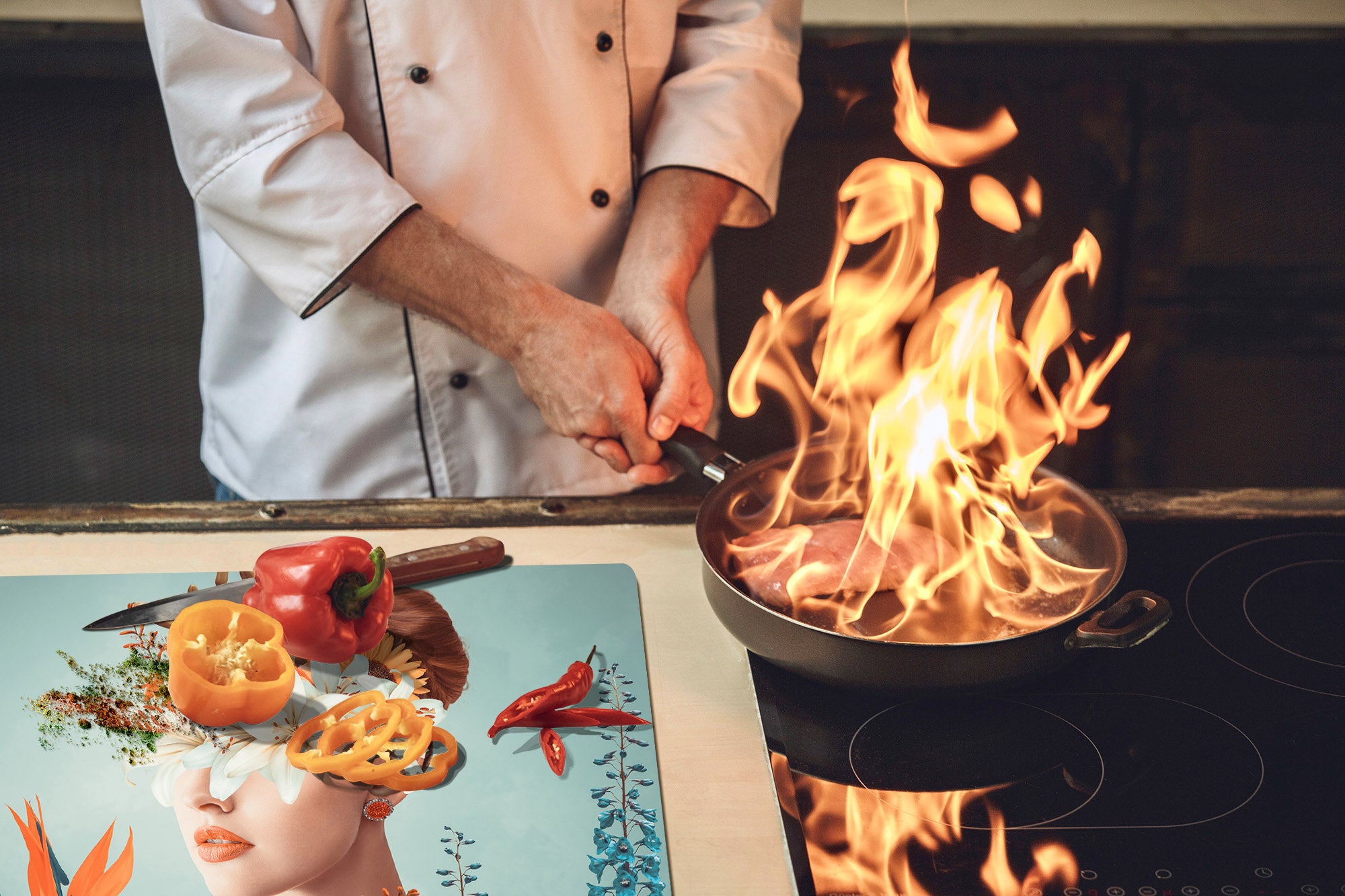 ENORMOUS  Tempered GLASS Chopping Board - Induction Cooktop Cover – SINGLE: 80 x 52 cm; DOUBLE: 40 x 52 cm; DD52a : Blooming Lady