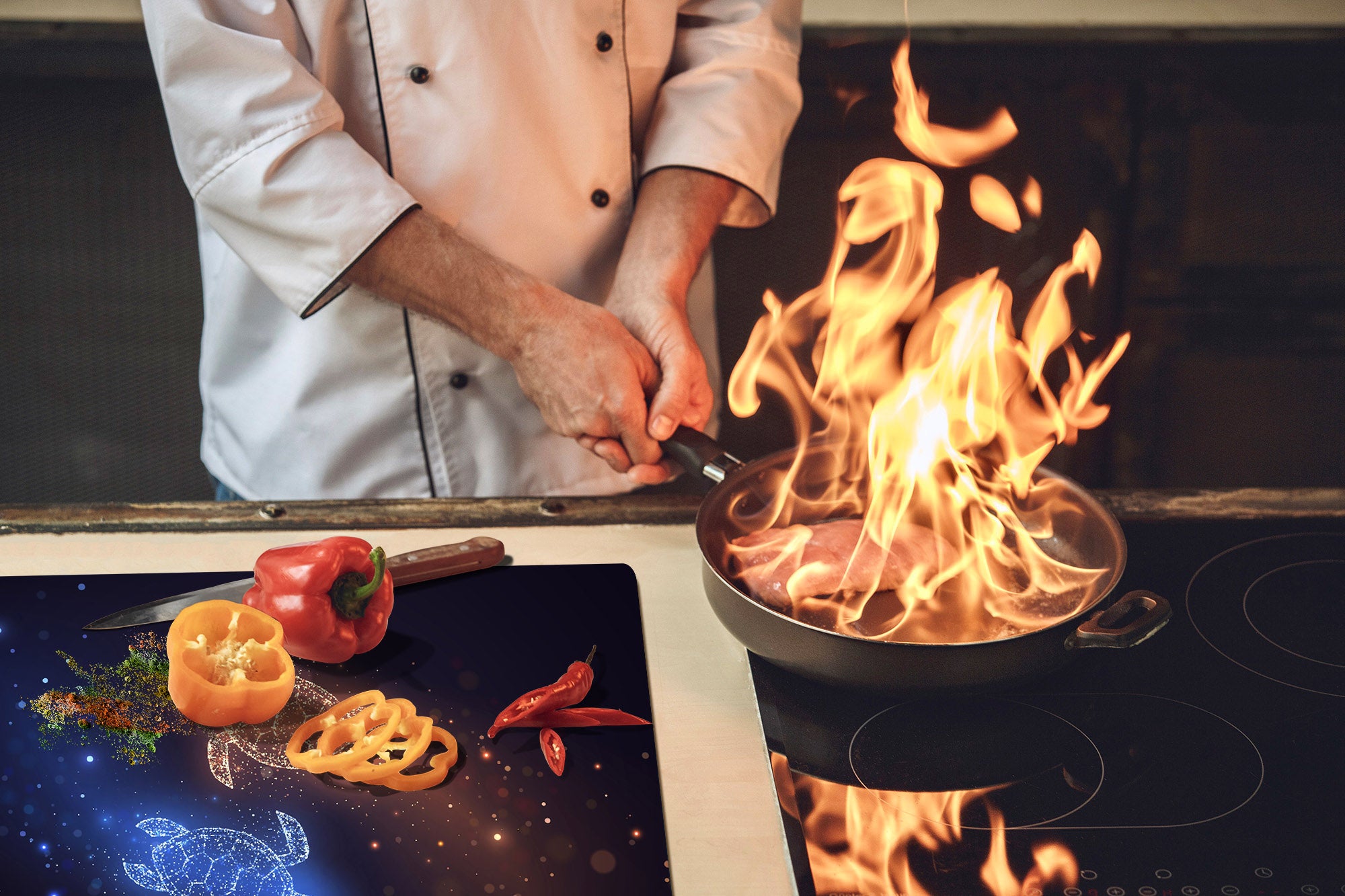 ENORMOUS  Tempered GLASS Chopping Board - Induction Cooktop Cover – SINGLE: 80 x 52 cm; DOUBLE: 40 x 52 cm; DD52a : Neon Turtles