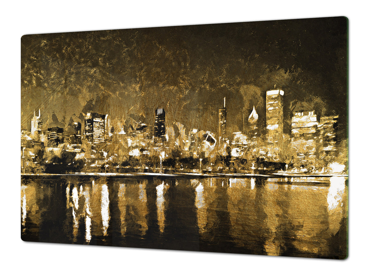 ENORMOUS  Tempered GLASS Chopping Board - Induction Cooktop Cover – SINGLE: 80 x 52 cm; DOUBLE: 40 x 52 cm; DD53 : Golden City Landscape