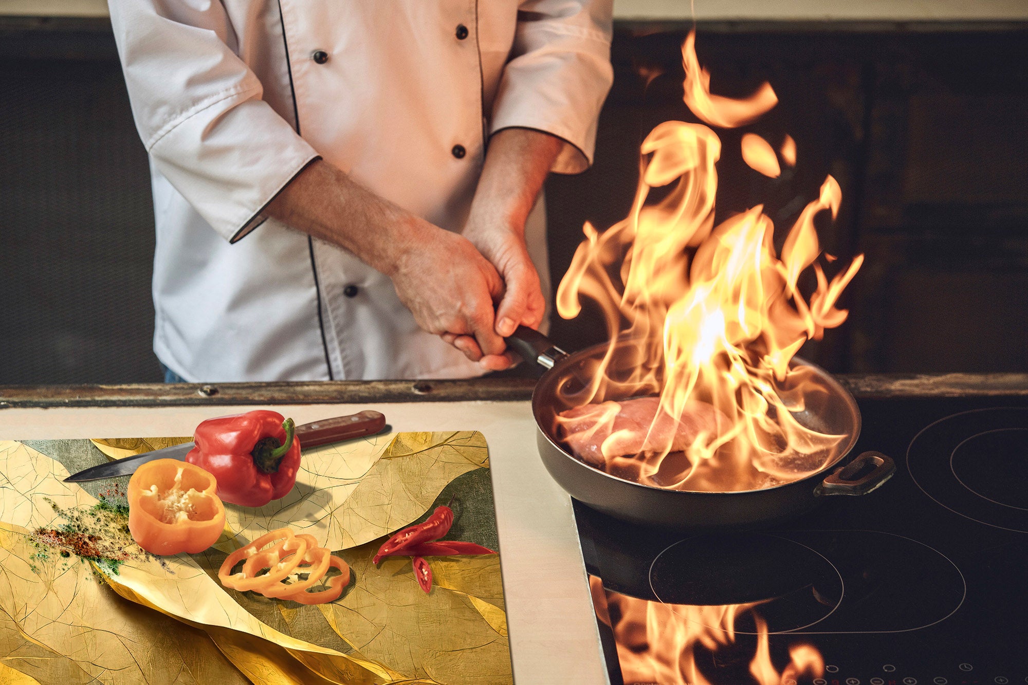 ENORMOUS  Tempered GLASS Chopping Board - Induction Cooktop Cover – SINGLE: 80 x 52 cm; DOUBLE: 40 x 52 cm; DD51 : Golden Structure