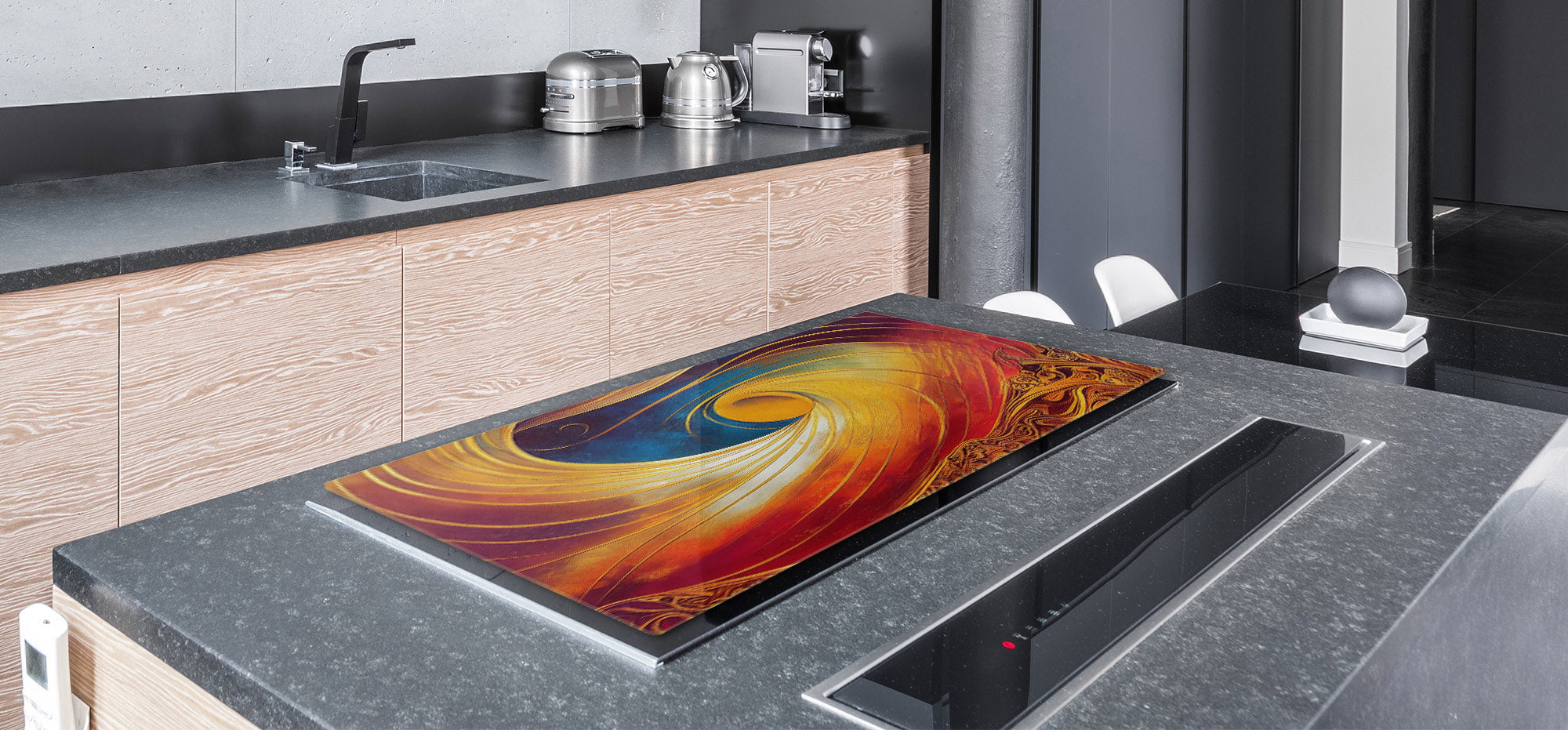ENORMOUS  Tempered GLASS Chopping Board - Induction Cooktop Cover – SINGLE: 80 x 52 cm; DOUBLE: 40 x 52 cm; DD53 : Golden Whirlwind