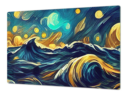 ENORMOUS  Tempered GLASS Chopping Board - Induction Cooktop Cover – SINGLE: 80 x 52 cm; DOUBLE: 40 x 52 cm; DD53 : Moonlit Ocean