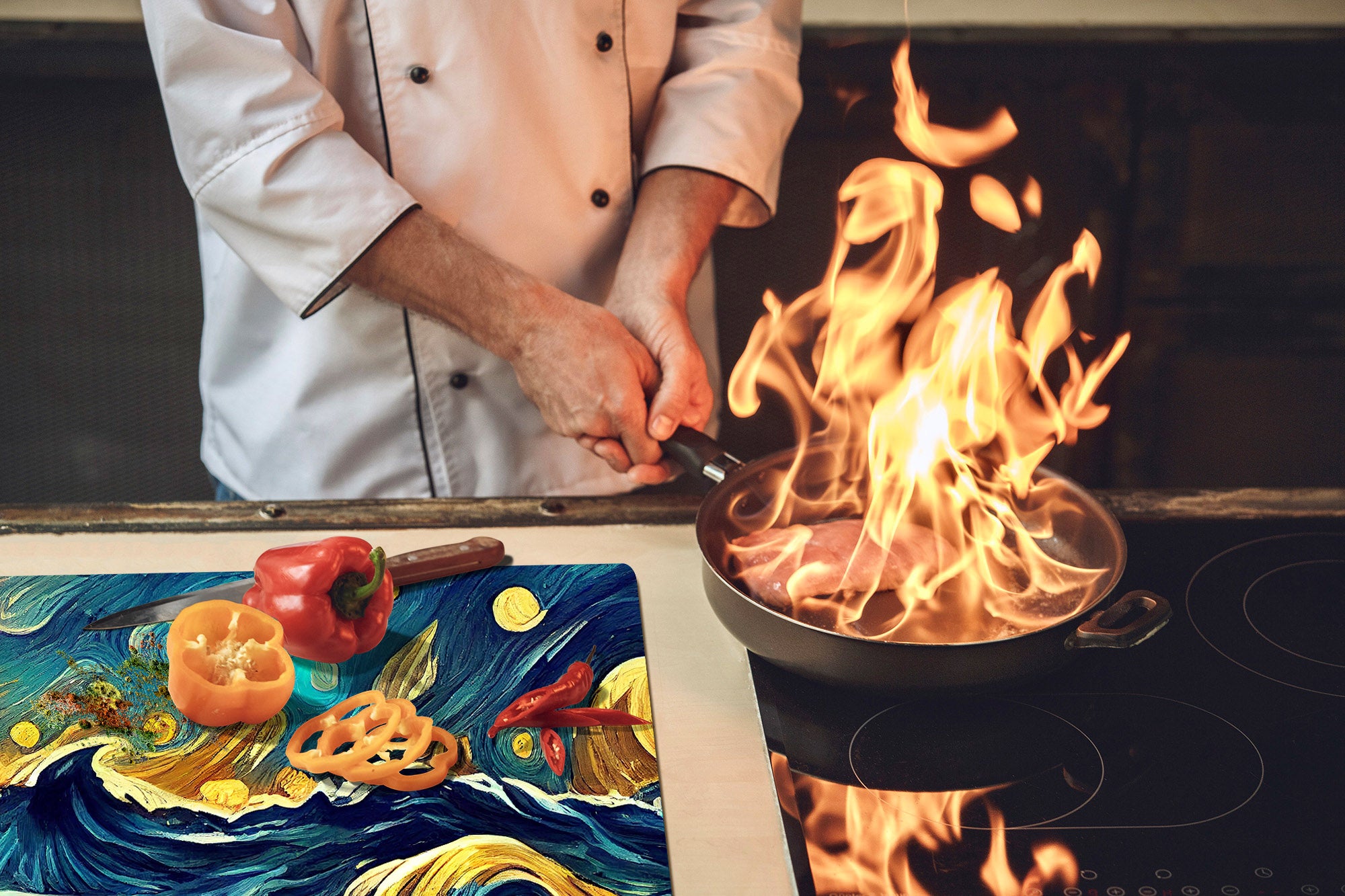 ENORMOUS  Tempered GLASS Chopping Board - Induction Cooktop Cover – SINGLE: 80 x 52 cm; DOUBLE: 40 x 52 cm; DD53 : Moonlit Ocean