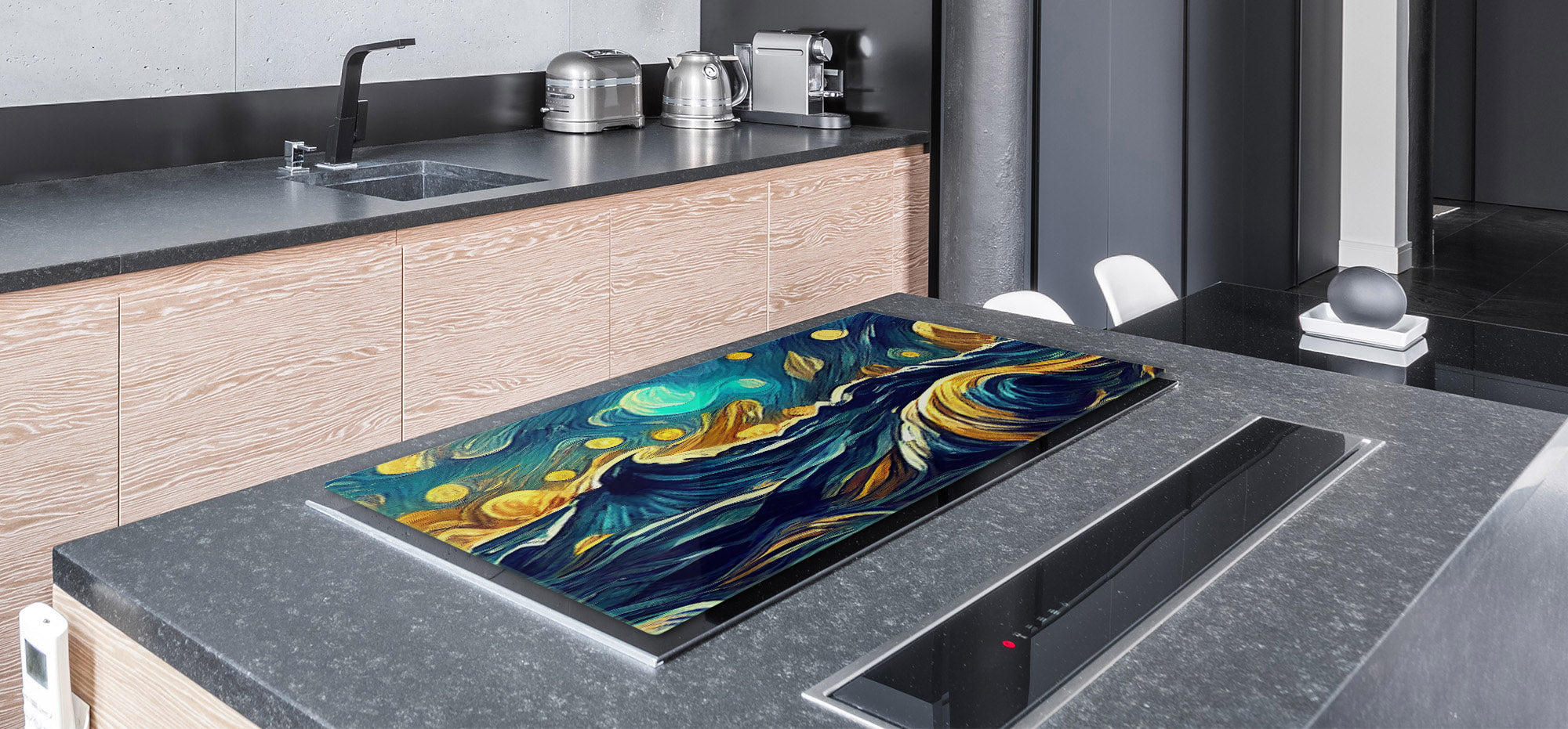 ENORMOUS  Tempered GLASS Chopping Board - Induction Cooktop Cover – SINGLE: 80 x 52 cm; DOUBLE: 40 x 52 cm; DD53 : Moonlit Ocean