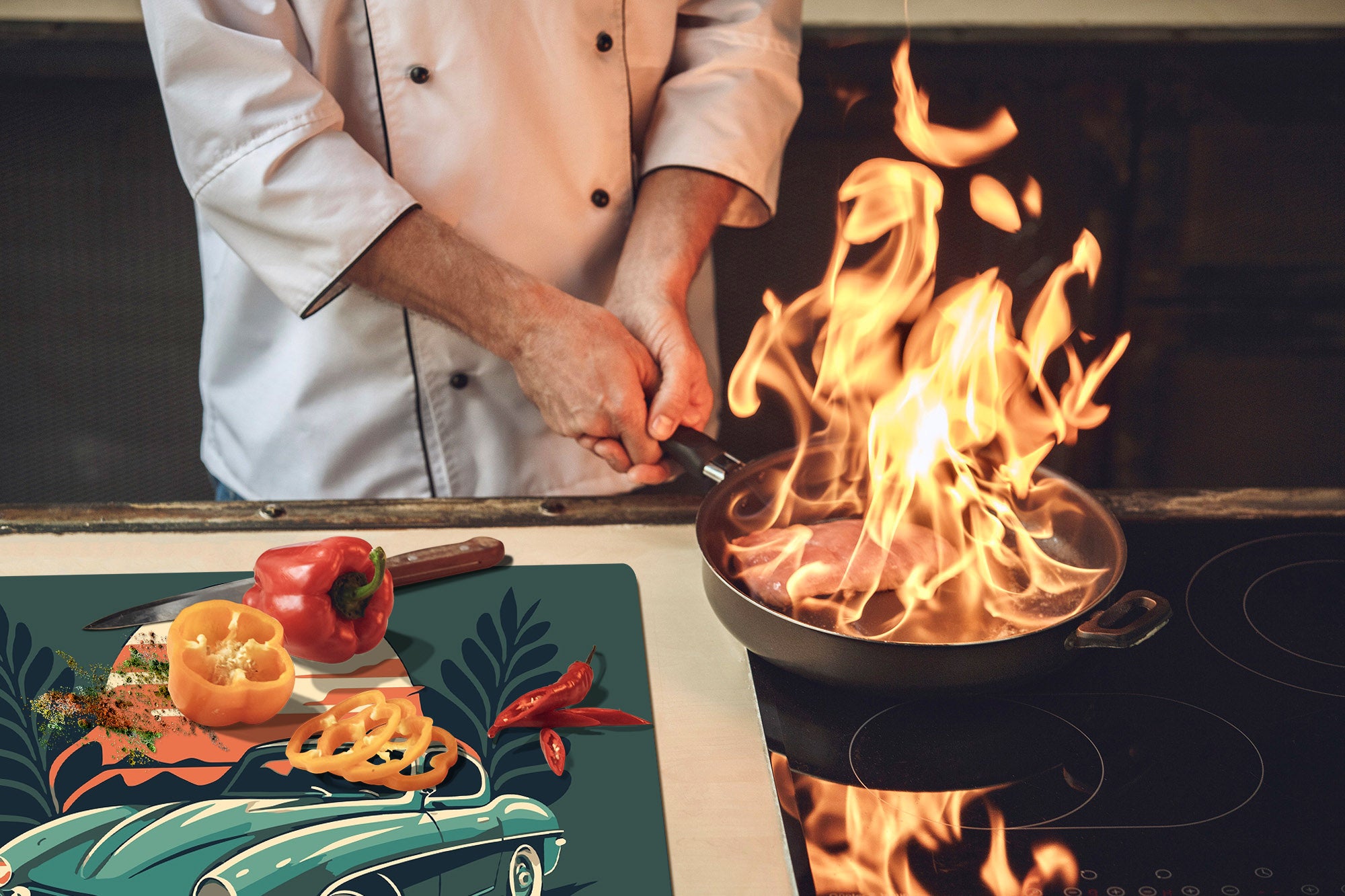 ENORMOUS  Tempered GLASS Chopping Board - Induction Cooktop Cover – SINGLE: 80 x 52 cm; DOUBLE: 40 x 52 cm; DD52a : Minimalist Oldschool Car