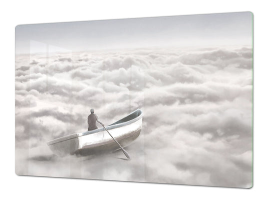ENORMOUS  Tempered GLASS Chopping Board - Induction Cooktop Cover – SINGLE: 80 x 52 cm; DOUBLE: 40 x 52 cm; DD51 : Cloud Sailing