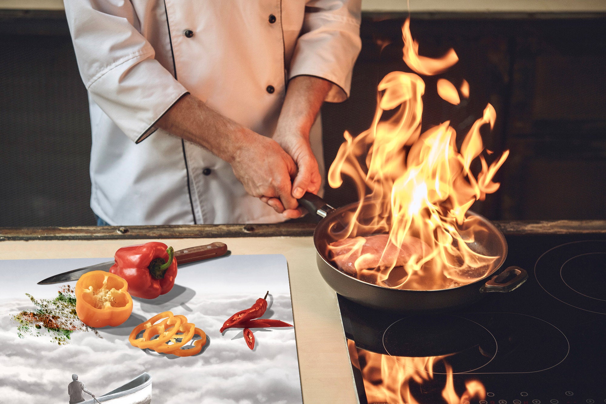 ENORMOUS  Tempered GLASS Chopping Board - Induction Cooktop Cover – SINGLE: 80 x 52 cm; DOUBLE: 40 x 52 cm; DD51 : Cloud Sailing