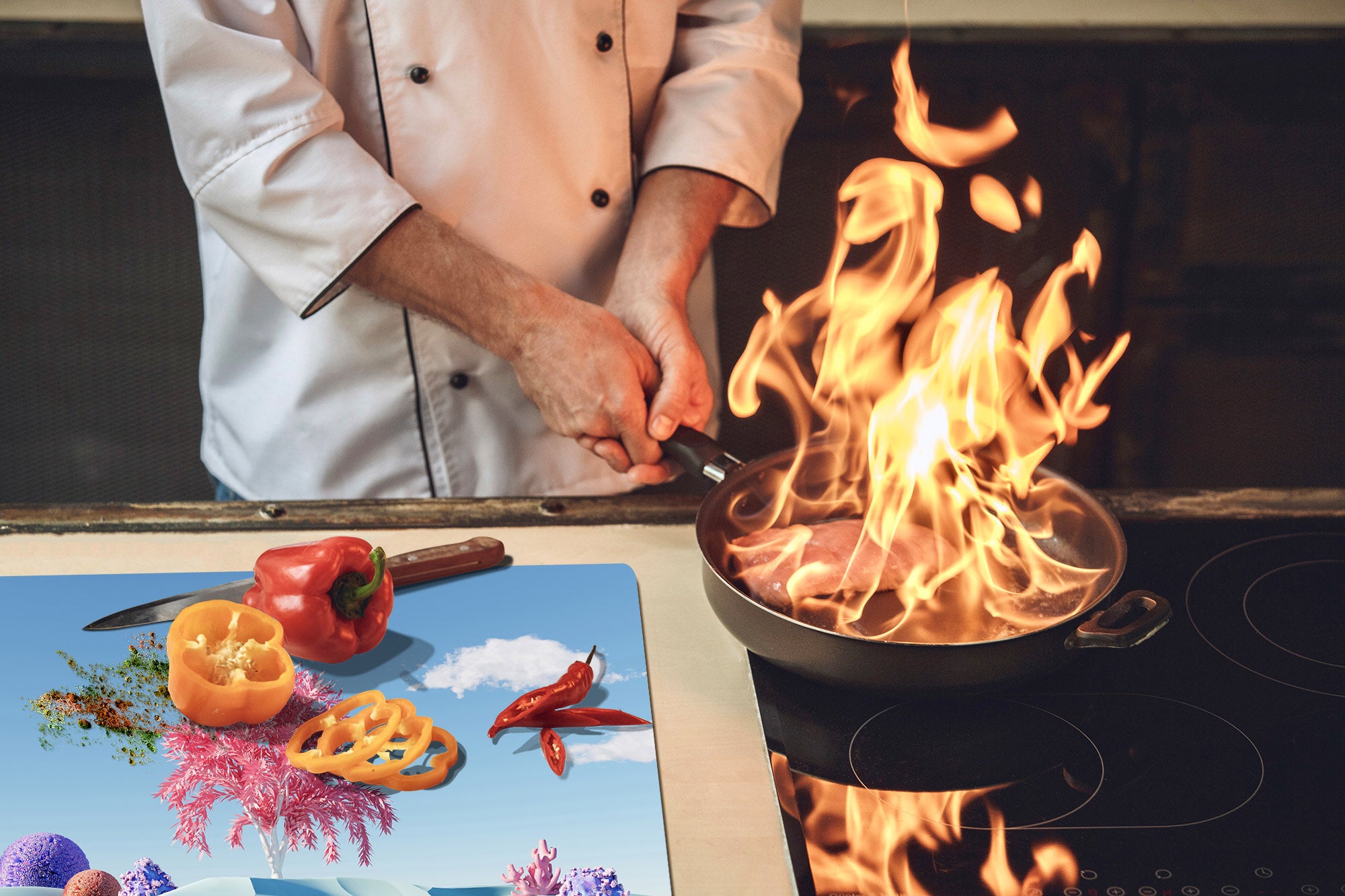 ENORMOUS  Tempered GLASS Chopping Board - Induction Cooktop Cover – SINGLE: 80 x 52 cm; DOUBLE: 40 x 52 cm; DD52a : 3D Abstract Flora