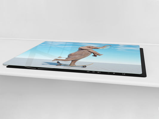 ENORMOUS  Tempered GLASS Chopping Board - Induction Cooktop Cover – SINGLE: 80 x 52 cm; DOUBLE: 40 x 52 cm; DD51 : Surreal skateboarding