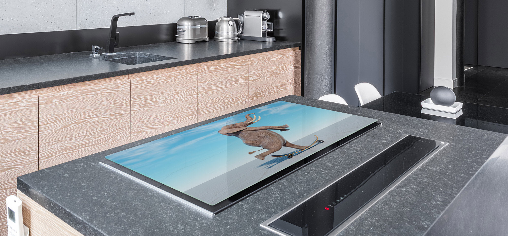 ENORMOUS  Tempered GLASS Chopping Board - Induction Cooktop Cover – SINGLE: 80 x 52 cm; DOUBLE: 40 x 52 cm; DD51 : Surreal skateboarding