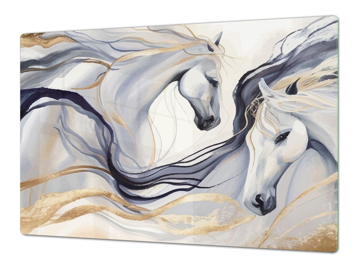 ENORMOUS  Tempered GLASS Chopping Board - Induction Cooktop Cover – SINGLE: 80 x 52 cm; DOUBLE: 40 x 52 cm; DD53 : Dance of Horses