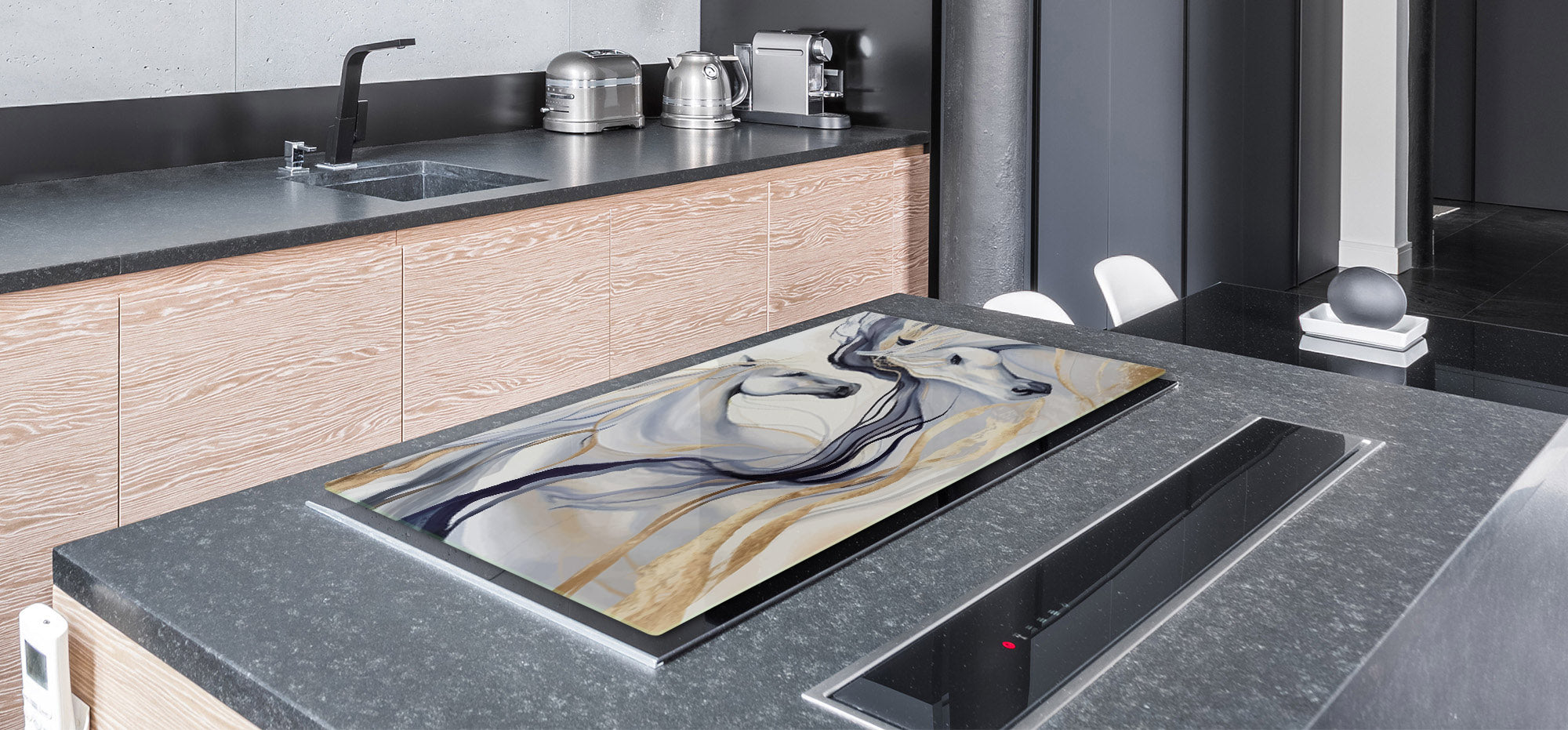ENORMOUS  Tempered GLASS Chopping Board - Induction Cooktop Cover – SINGLE: 80 x 52 cm; DOUBLE: 40 x 52 cm; DD53 : Dance of Horses