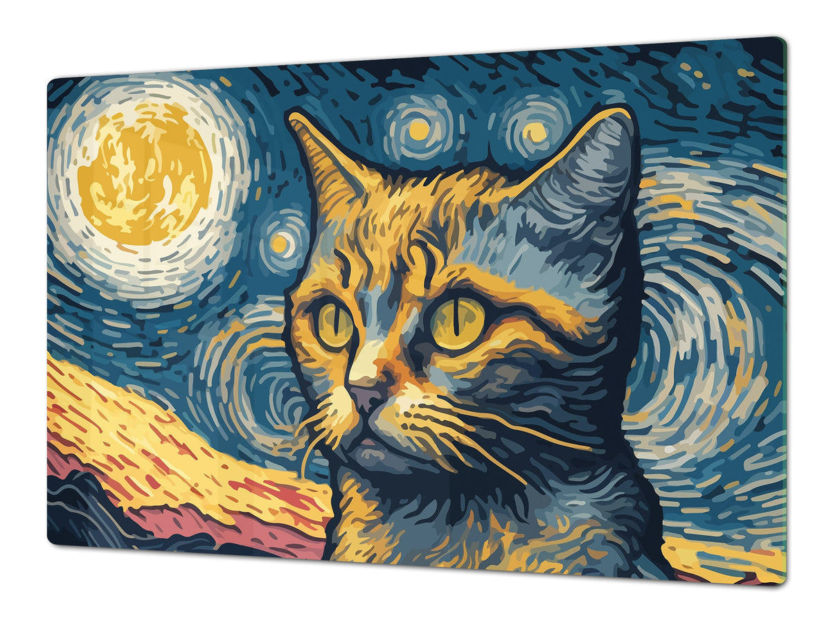 ENORMOUS  Tempered GLASS Chopping Board - Induction Cooktop Cover – SINGLE: 80 x 52 cm; DOUBLE: 40 x 52 cm; DD51 : Van Gogh's Cat