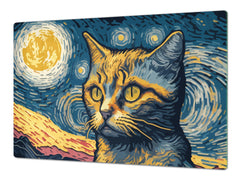 ENORMOUS  Tempered GLASS Chopping Board - Induction Cooktop Cover – SINGLE: 80 x 52 cm; DOUBLE: 40 x 52 cm; DD51 : Van Gogh's Cat