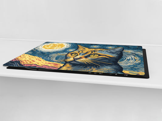 ENORMOUS  Tempered GLASS Chopping Board - Induction Cooktop Cover – SINGLE: 80 x 52 cm; DOUBLE: 40 x 52 cm; DD51 : Van Gogh's Cat