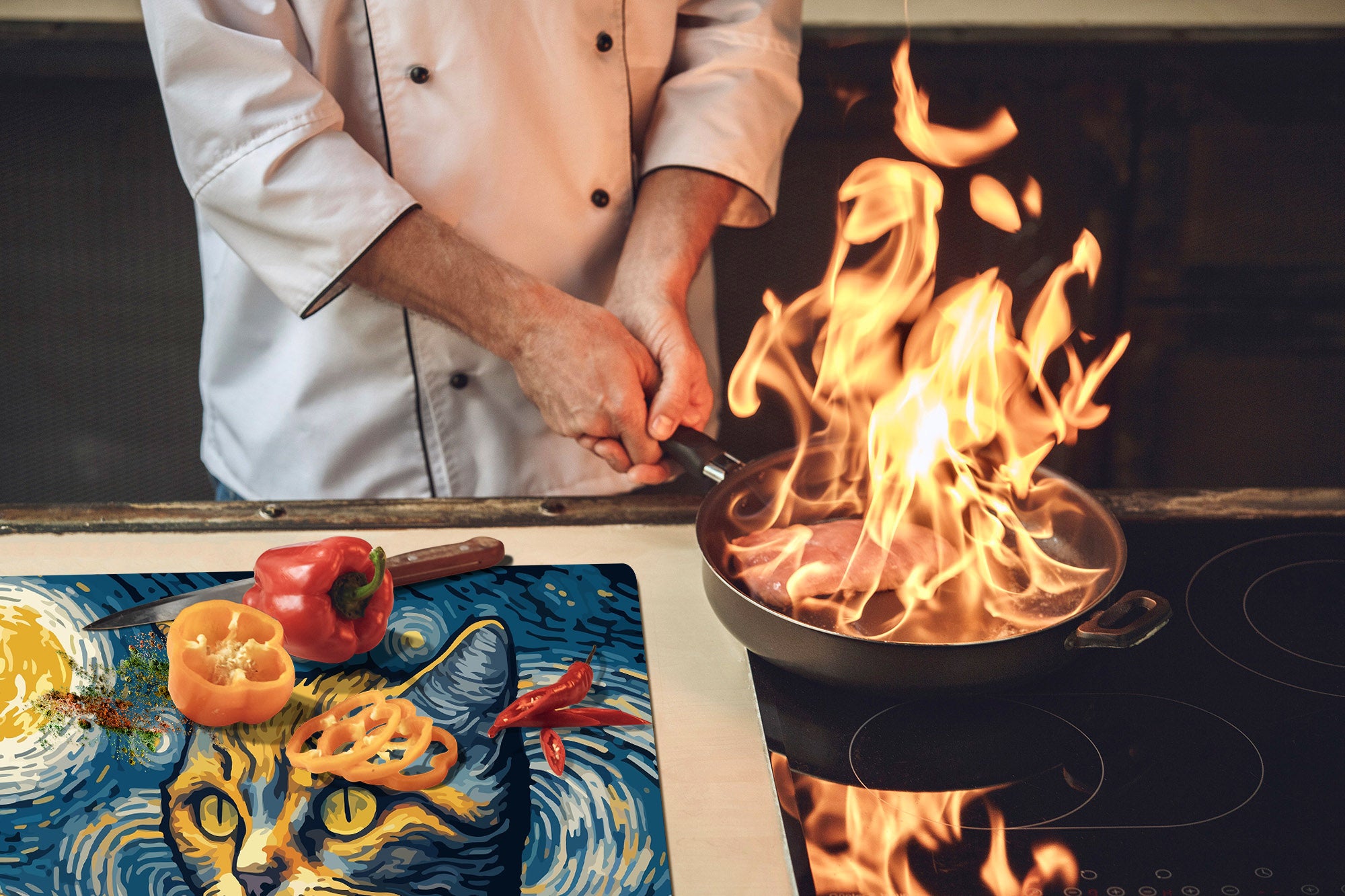 ENORMOUS  Tempered GLASS Chopping Board - Induction Cooktop Cover – SINGLE: 80 x 52 cm; DOUBLE: 40 x 52 cm; DD51 : Van Gogh's Cat