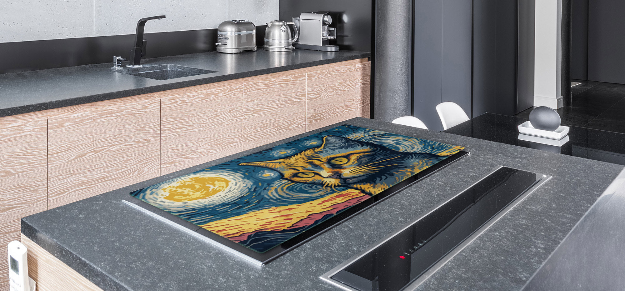 ENORMOUS  Tempered GLASS Chopping Board - Induction Cooktop Cover – SINGLE: 80 x 52 cm; DOUBLE: 40 x 52 cm; DD51 : Van Gogh's Cat