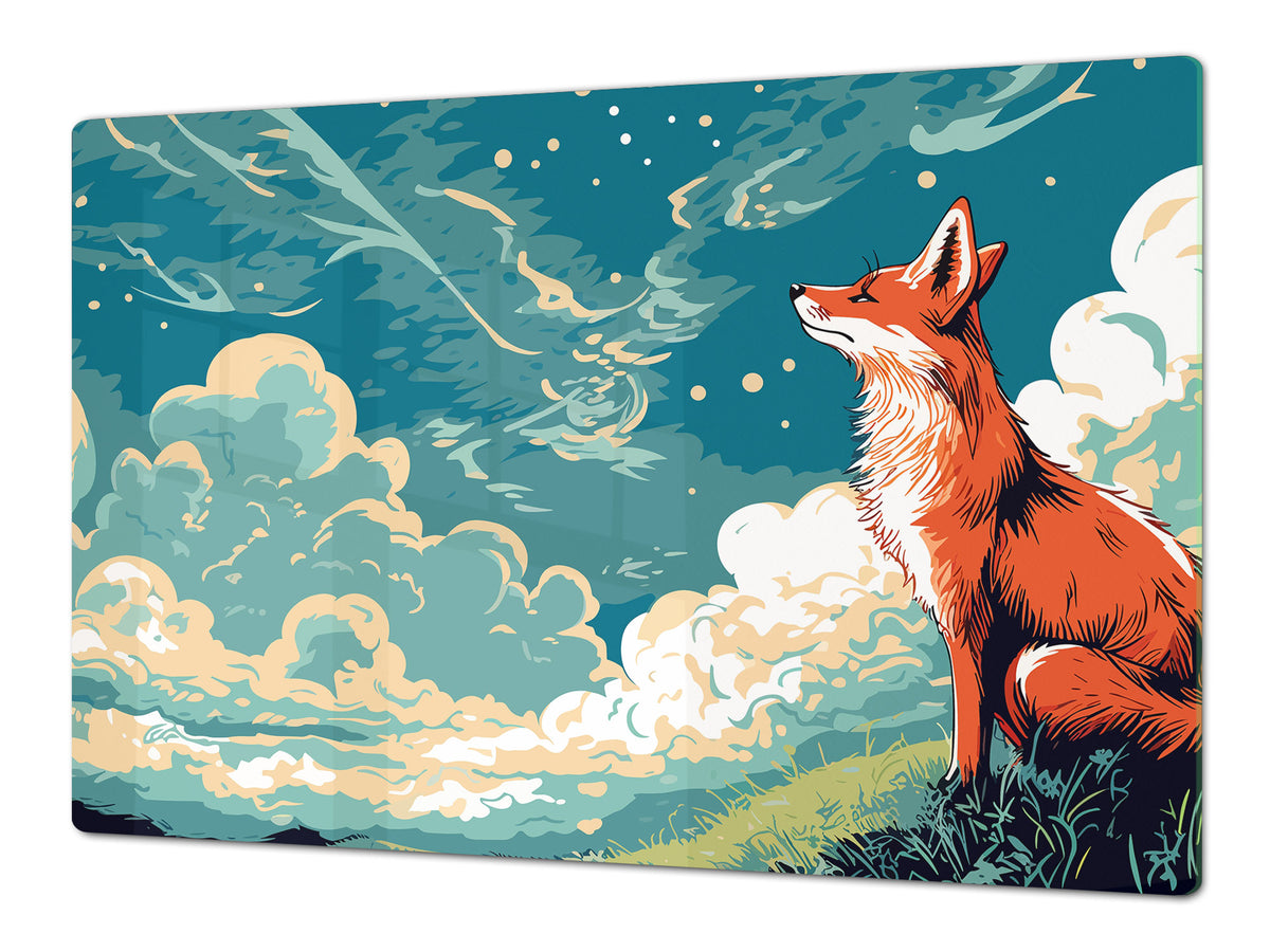 ENORMOUS  Tempered GLASS Chopping Board - Induction Cooktop Cover – SINGLE: 80 x 52 cm; DOUBLE: 40 x 52 cm; DD52a : Cartoon Fox