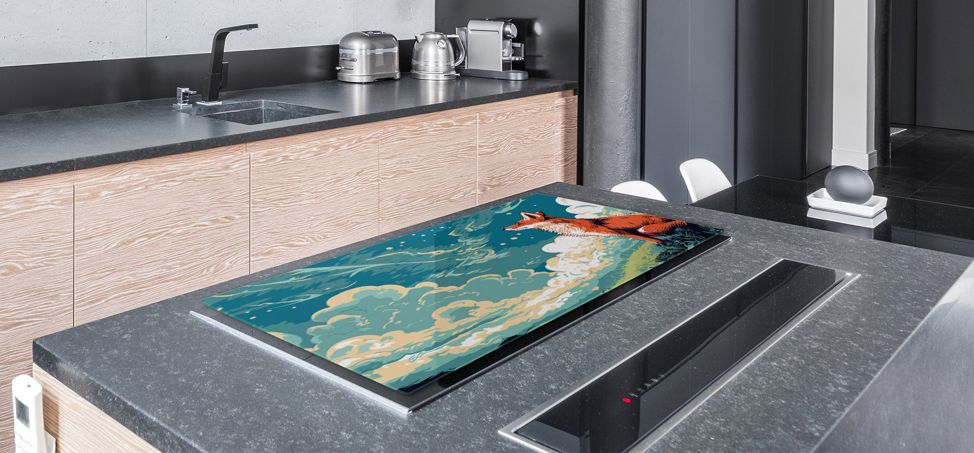 ENORMOUS  Tempered GLASS Chopping Board - Induction Cooktop Cover – SINGLE: 80 x 52 cm; DOUBLE: 40 x 52 cm; DD52a : Cartoon Fox