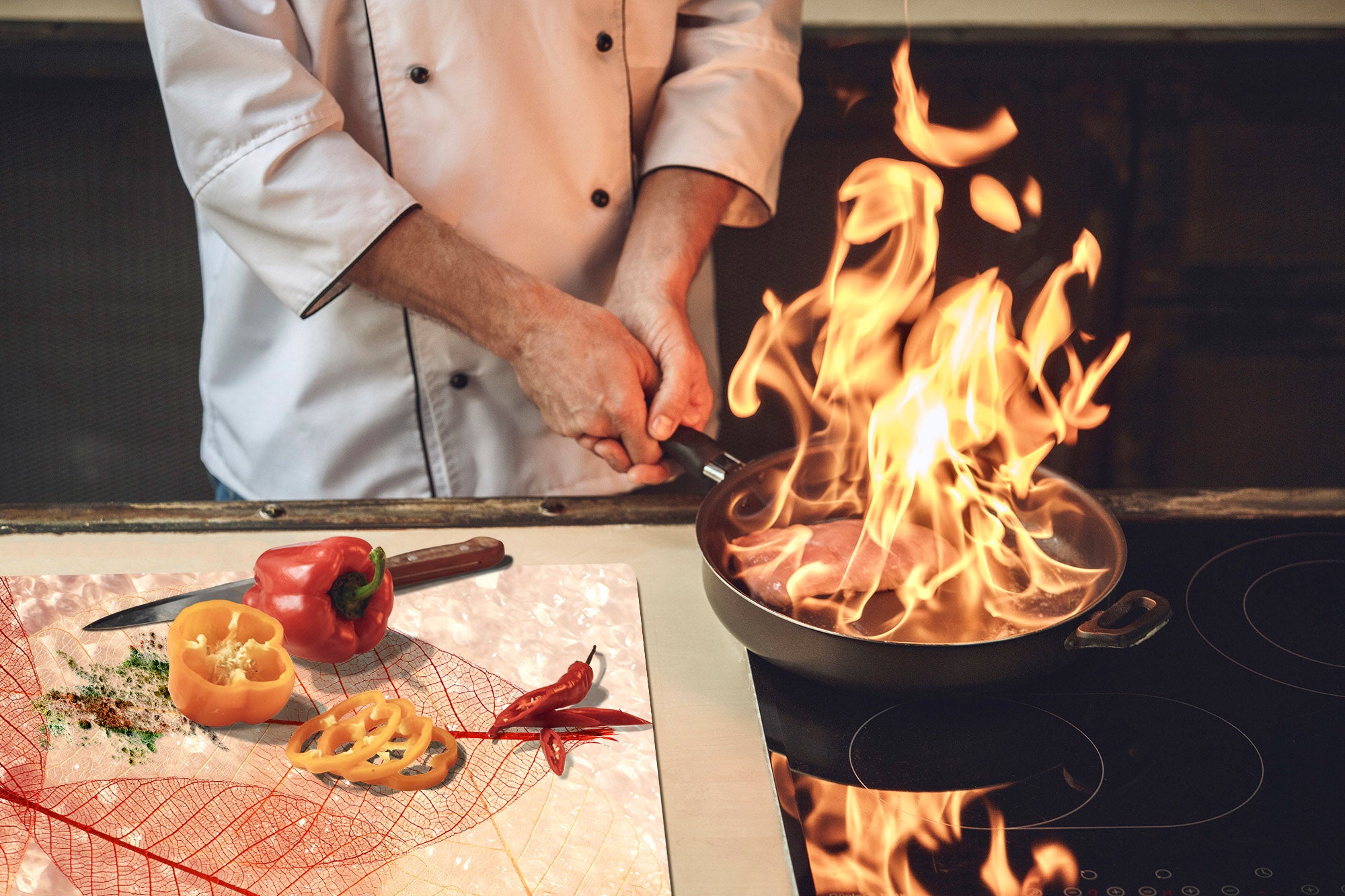 Gigantic Worktop saver and Pastry Board - Tempered GLASS Cutting Board - MEASURES: SINGLE: 80 x 52 cm; DOUBLE: 40 x 52 cm; DD44 Nature series : Transparent orange leaves