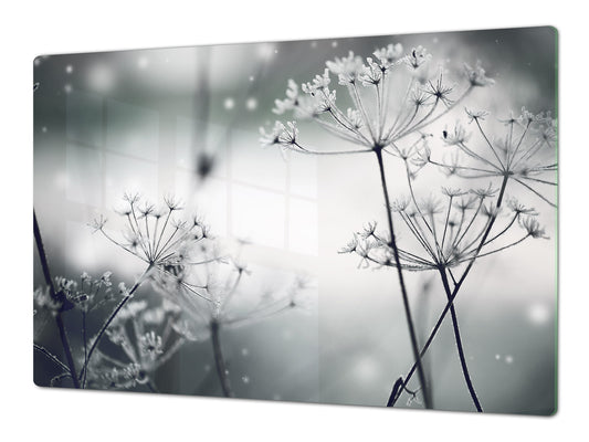 ENORMOUS  Tempered GLASS Chopping Board - Induction Cooktop Cover – SINGLE: 80 x 52 cm; DOUBLE: 40 x 52 cm; DD51 : Winter Flower Scene