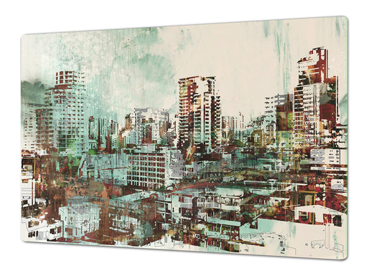 ENORMOUS  Tempered GLASS Chopping Board - Induction Cooktop Cover – SINGLE: 80 x 52 cm; DOUBLE: 40 x 52 cm; DD49 Miscellaneous series : Abstract cityscape 2
