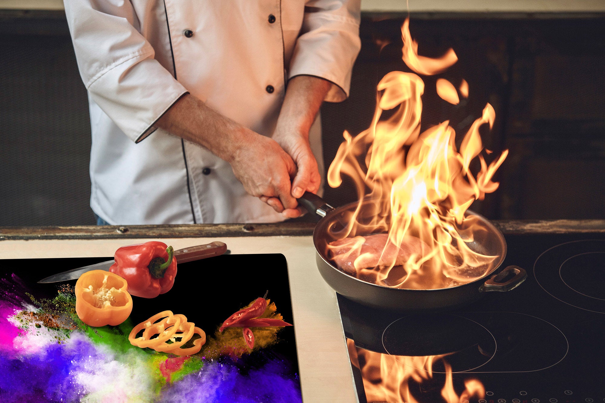 UNIQUE Tempered GLASS Kitchen Board – Impact & Scratch Resistant Cooktop cover – SINGLE: 80 x 52 cm; DOUBLE: 40 x 52 cm; DD45 Art Series : Colour explosion 3