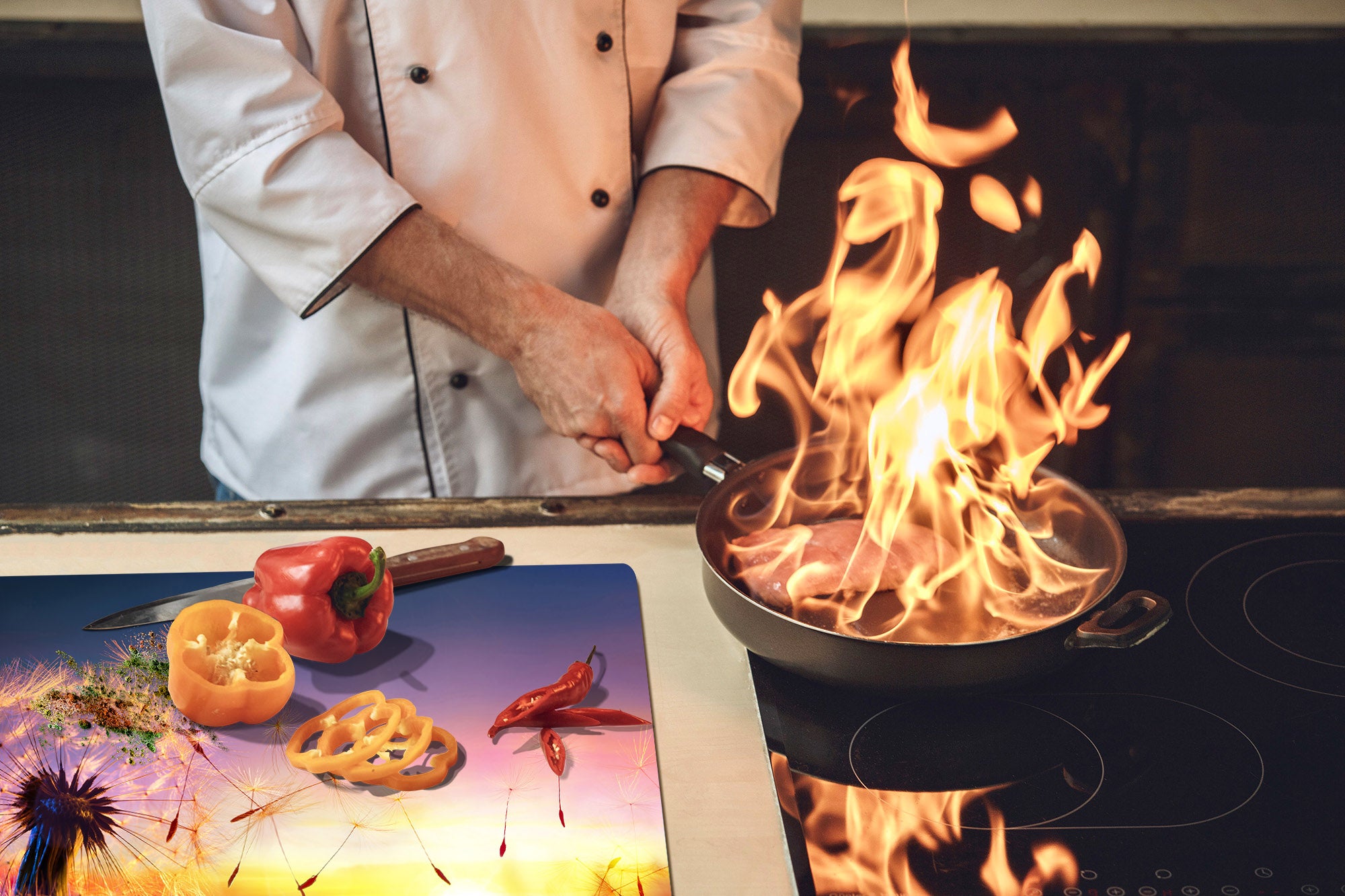 Gigantic Worktop saver and Pastry Board - Tempered GLASS Cutting Board - MEASURES: SINGLE: 80 x 52 cm; DOUBLE: 40 x 52 cm; DD44 Nature series : Sunset dandelion