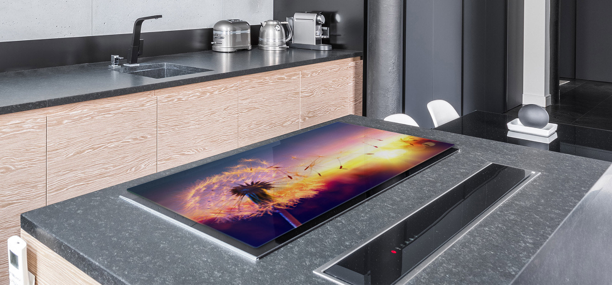 Gigantic Worktop saver and Pastry Board - Tempered GLASS Cutting Board - MEASURES: SINGLE: 80 x 52 cm; DOUBLE: 40 x 52 cm; DD44 Nature series : Sunset dandelion