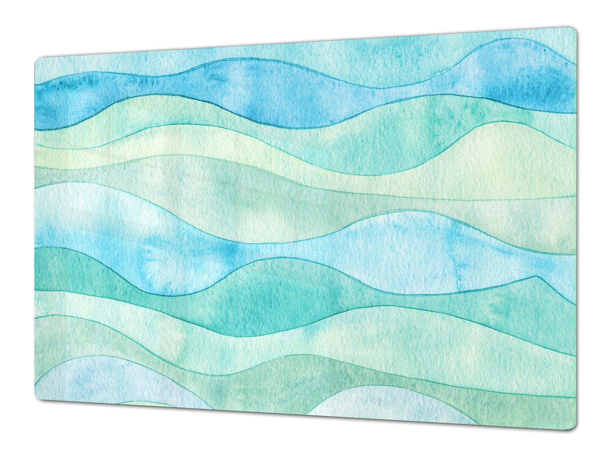 UNIQUE Tempered GLASS Kitchen Board – Impact & Scratch Resistant Cooktop cover – SINGLE: 80 x 52 cm; DOUBLE: 40 x 52 cm; DD45 Art Series : Watercolour waves