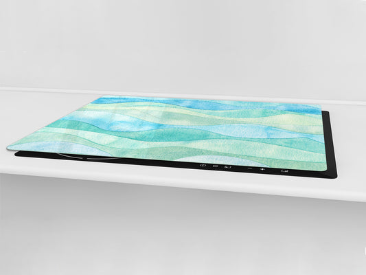 UNIQUE Tempered GLASS Kitchen Board – Impact & Scratch Resistant Cooktop cover – SINGLE: 80 x 52 cm; DOUBLE: 40 x 52 cm; DD45 Art Series : Watercolour waves