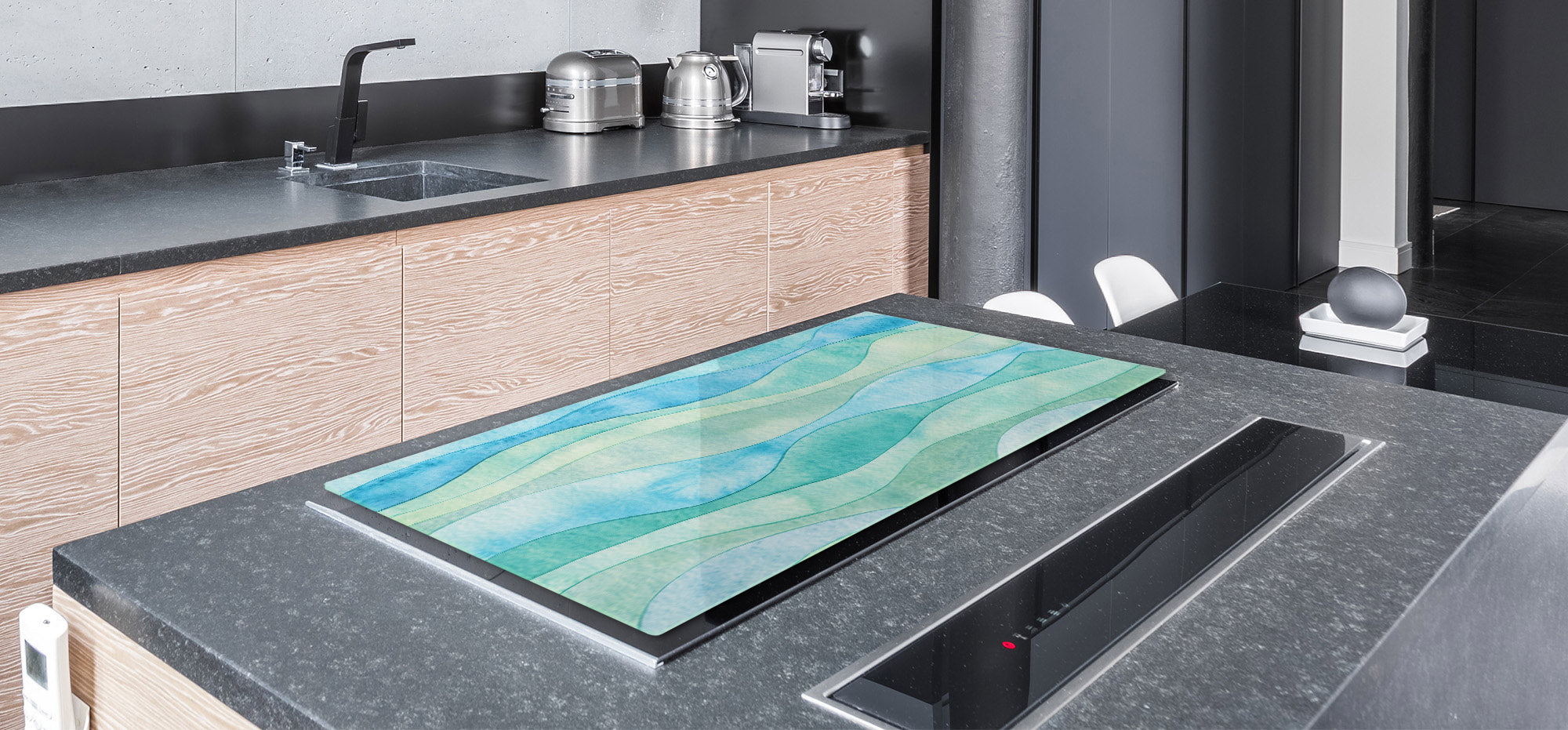 UNIQUE Tempered GLASS Kitchen Board – Impact & Scratch Resistant Cooktop cover – SINGLE: 80 x 52 cm; DOUBLE: 40 x 52 cm; DD45 Art Series : Watercolour waves